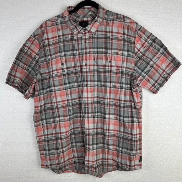 Prana Short Sleeve Button Up Shirt Mens Size Large Plaid Red Gray Pocket Casual - Picture 2 of 7
